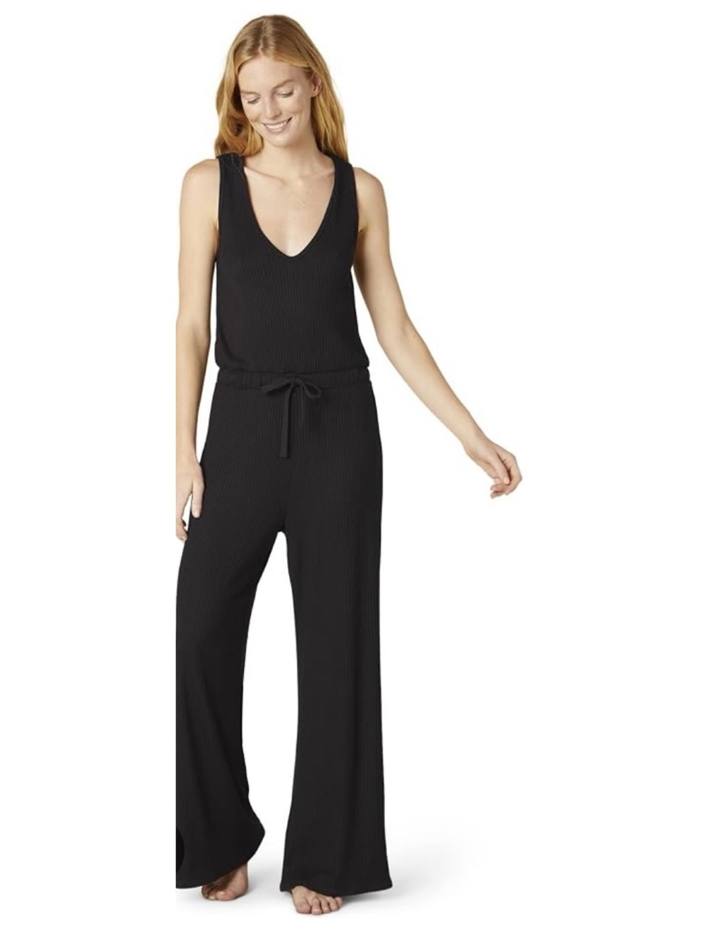 NWOT Beyond Yoga Black Ribbed Sleeveless Wide-Leg Jumpsuit